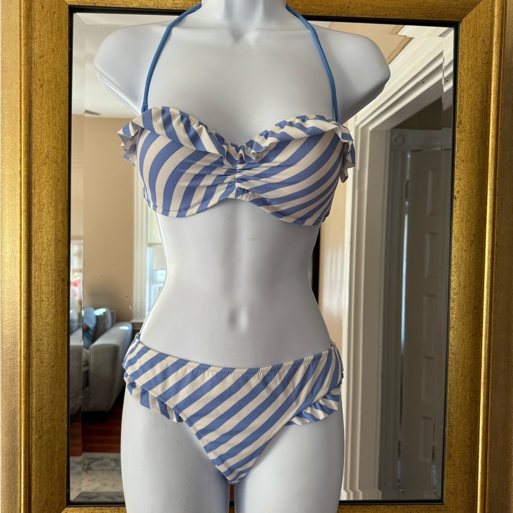 Victoria’s Secret blue striped ruffle bikini set 34C- Small